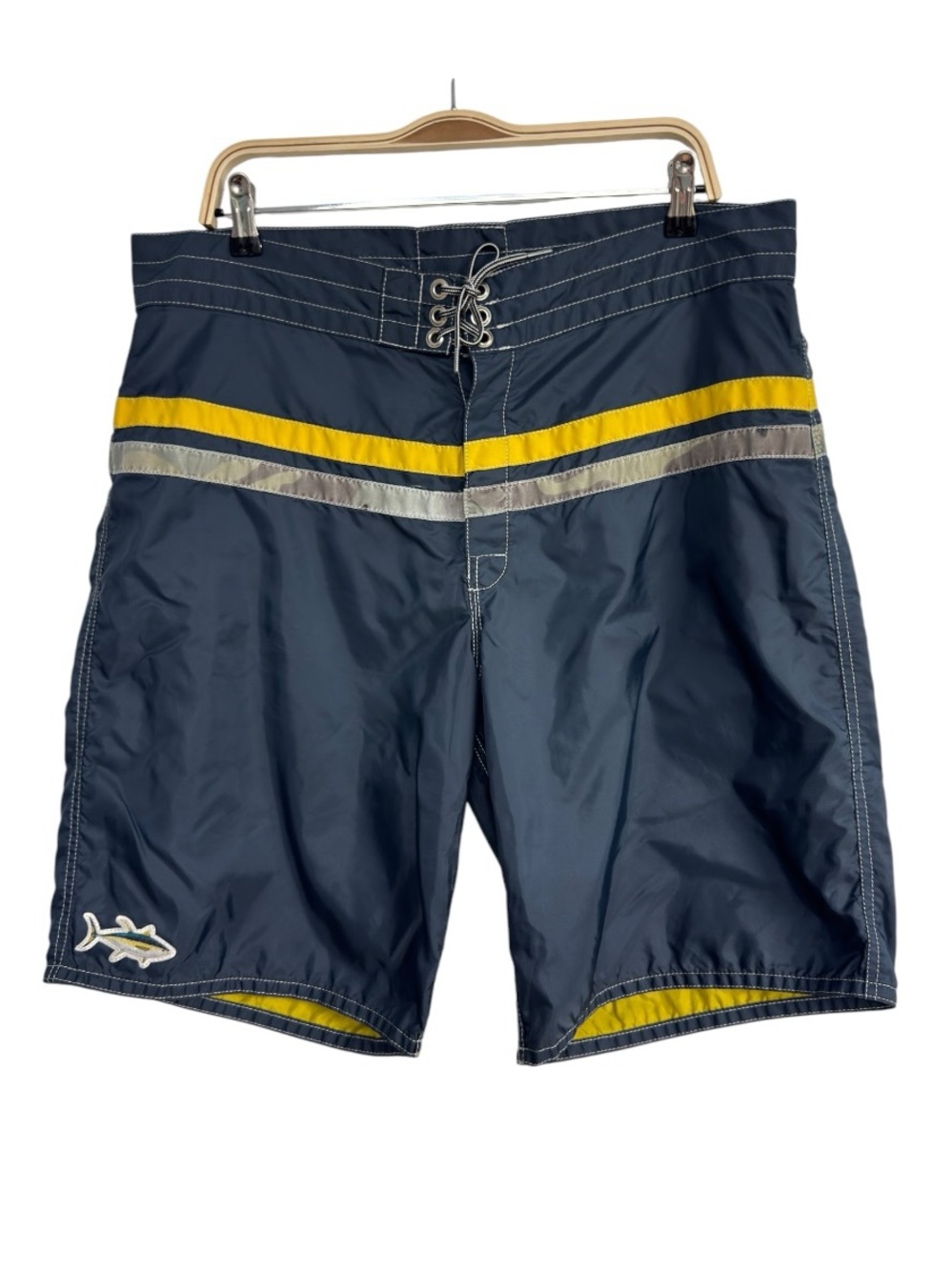Birdwell Beach Britches Navy Blue Yellow Camo Stripe Surf Board Shorts Size 37